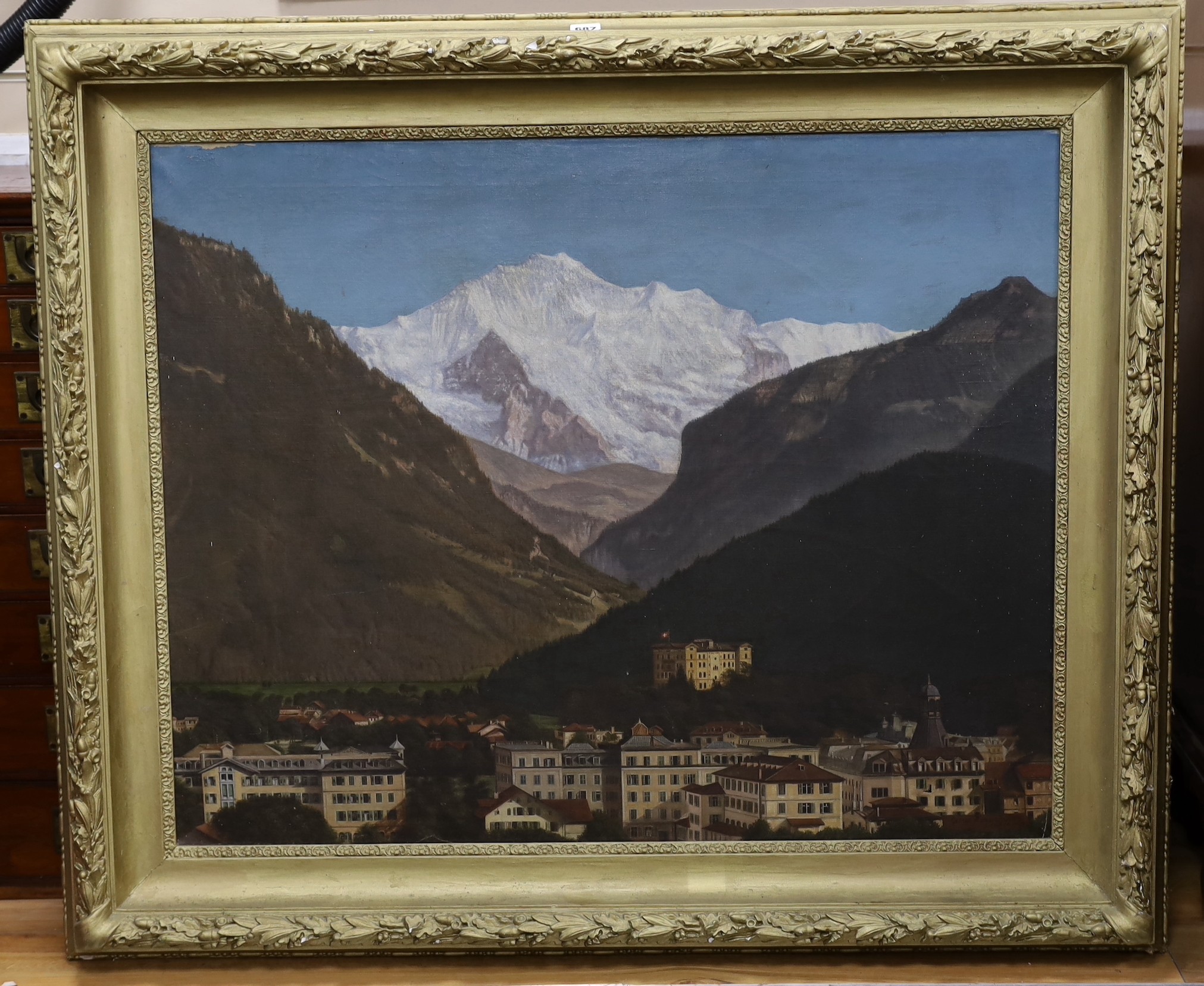 George Hornemann, oil on canvas, Alpine town with mountains beyond, signed and dated 1909, 75 x 95cm
